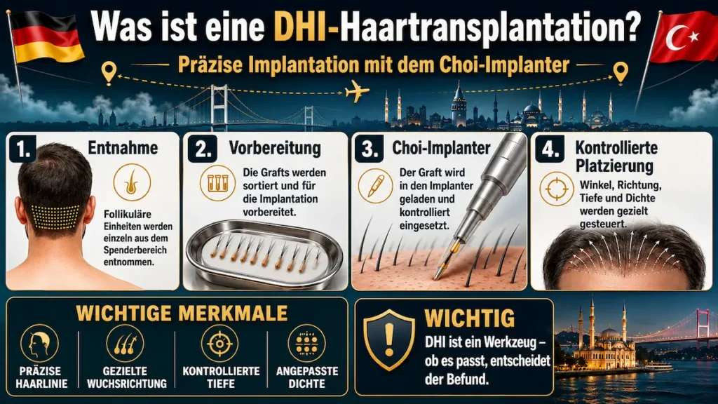 DHI-Haartransplantation mit Choi Implanter: Entnahme, Graft-Vorbereitung und kontrollierte Platzierung der Haarfollikel.