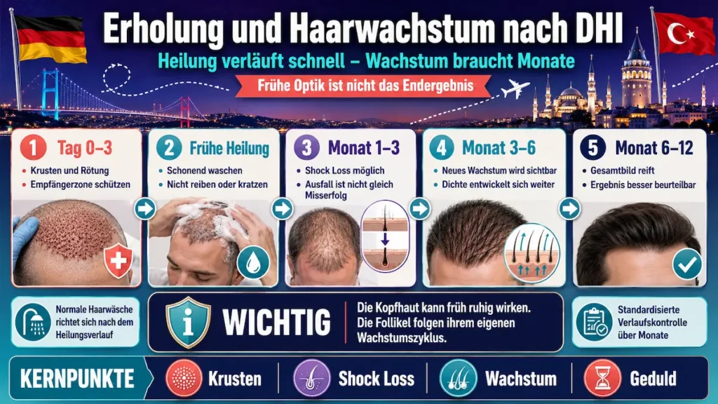 DHI-Haartransplantation: Heilungsverlauf mit Krusten, Shock Loss und Haarwachstum von den ersten Tagen bis Monat 12.