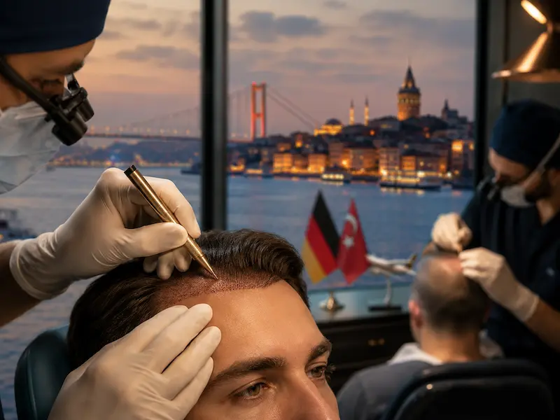 DHI-Haartransplantation in der Türkei: Implantation an der Haarlinie mit Choi Pen vor Istanbuler Kulisse.
