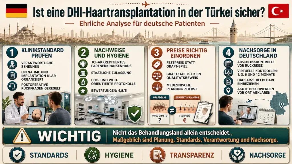 DHI-Haartransplantation in der Türkei: Sicherheitskriterien zu Klinikstandard, Hygiene, Transparenz und Nachsorge.