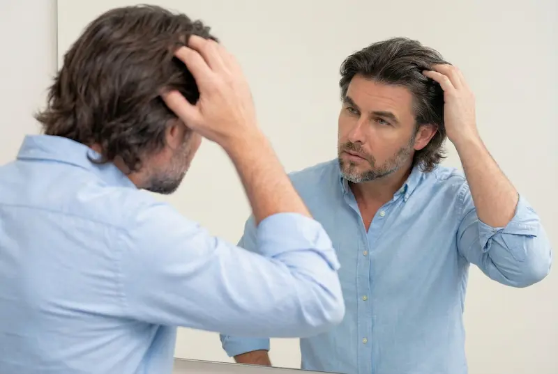 Middle aged man checking his hairline in the mirror while thinking about the cost and value of DHI vs FUE hair transplant