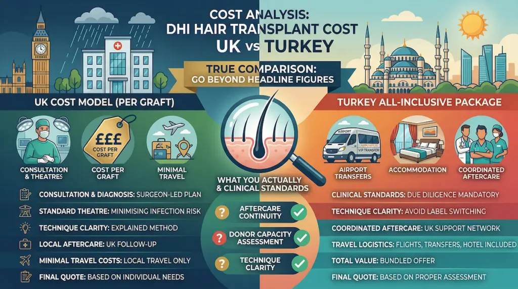 DHI Hair Transplant cost UK vs Turkey infographic comparing UK per graft pricing with Turkey all inclusive package value.