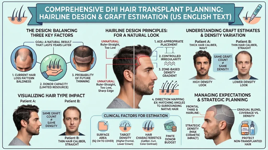 DHI hair transplant planning infographic showing hairline design principles, graft estimation, density variation, and donor budget strategy for natural results.
