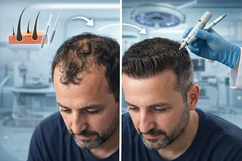 DHI hair transplant procedure image showing before-and-after hairline improvement and a clinician using an implanter pen in a sterile setting.