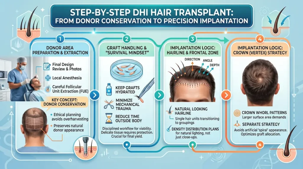 DHI hair transplant step-by-step infographic showing donor extraction, graft handling for survival, and implantation strategy for hairline and crown.