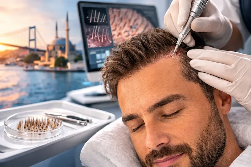 DHI Hair Transplant using a Choi implanter pen for precise hairline graft placement in a modern clinic setting.