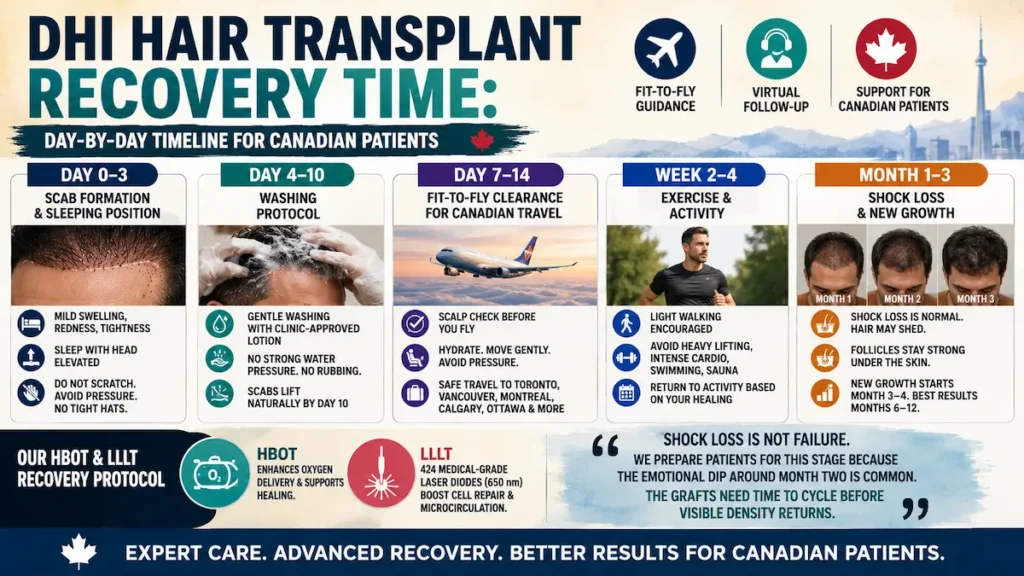 DHI hair transplant recovery timeline showing day 0 to month 3 healing, washing protocol, fit-to-fly guidance, shock loss, HBOT, and LLLT.
