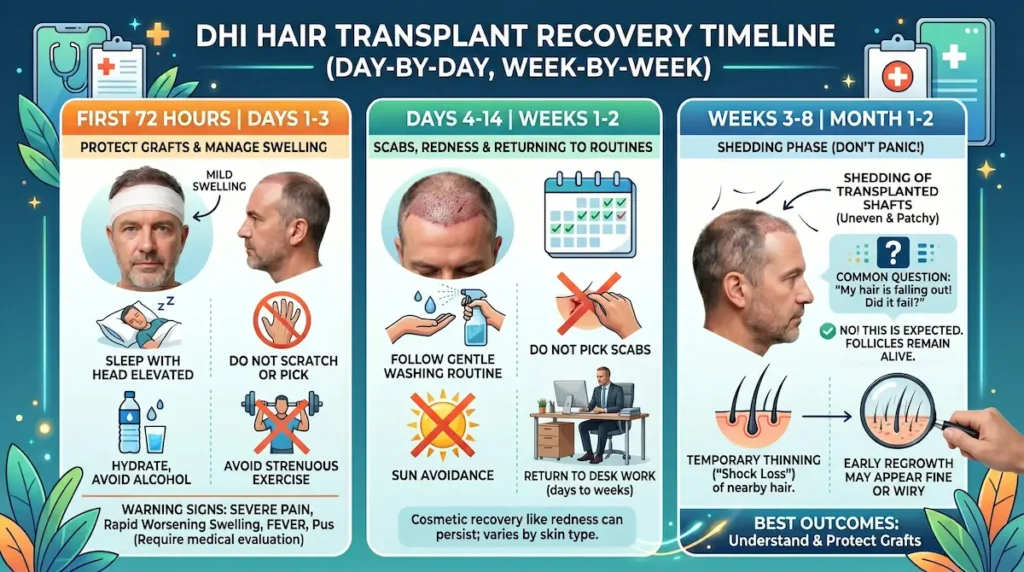 DHI hair transplant recovery timeline infographic showing days 1–3, days 4–14, and weeks 3–8 with aftercare and shedding guidance.