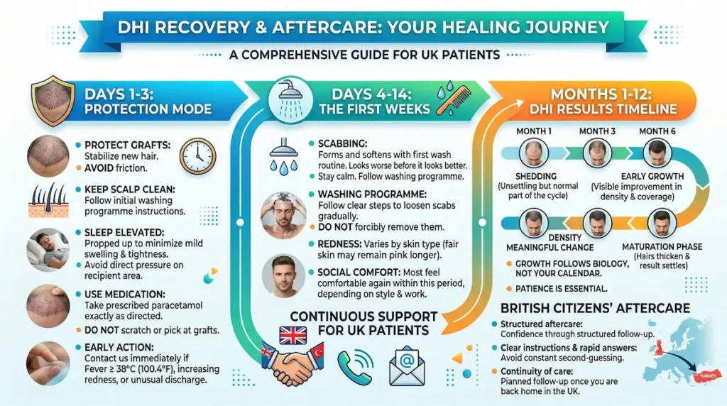 DHI Hair Transplant recovery timeline infographic showing days 1–14 care and months 1–12 results progression for UK patients.