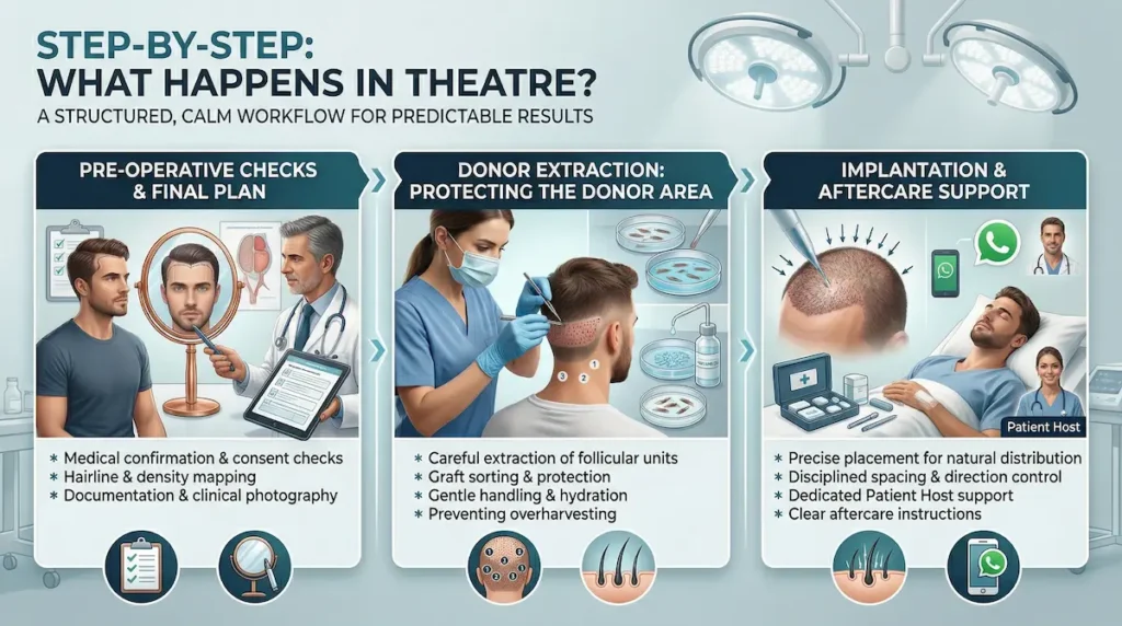 DHI Hair Transplant step by step infographic showing pre op checks, donor extraction, implantation, and aftercare support.