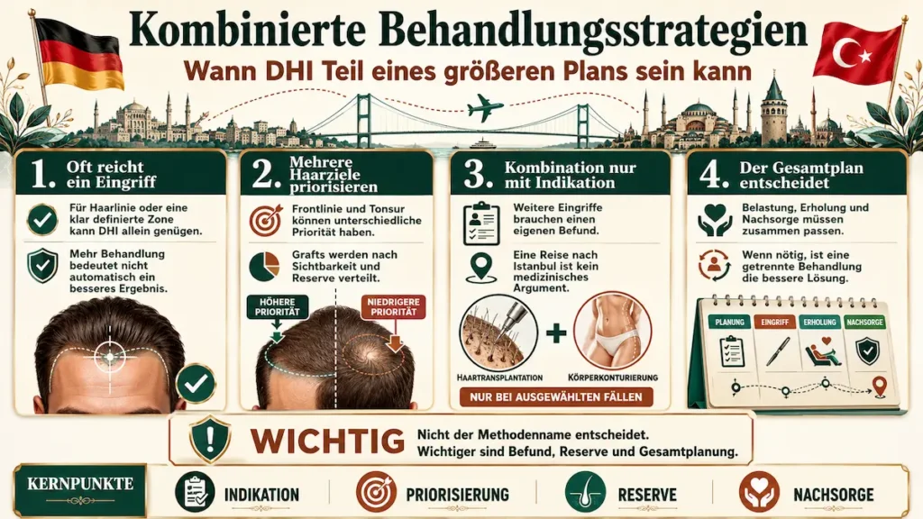 DHI-Haartransplantation als Teil kombinierter Behandlungsstrategien mit Priorisierung von Haarzielen, Reserve und Nachsorge.