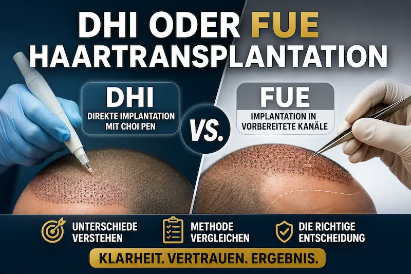DHI oder FUE Haartransplantation im Vergleich: Choi Implanter Pen, vorbereitete Kanäle und behandelte Haarlinie.