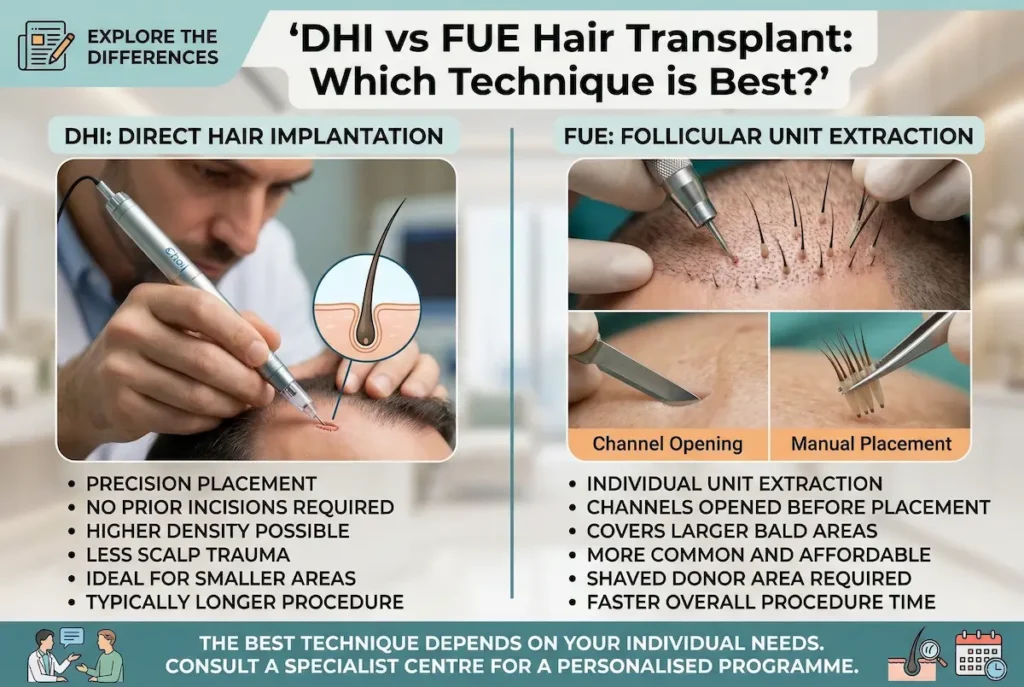 DHI vs FUE Hair Transplant infographic showing key differences between DHI implantation and FUE extraction with placement steps.