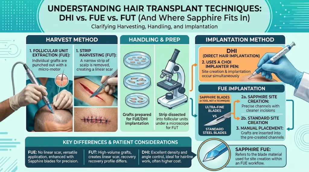 DHI vs FUE hair transplant infographic comparing DHI, FUE, FUT, and Sapphire FUE harvesting, graft handling, and implantation methods.