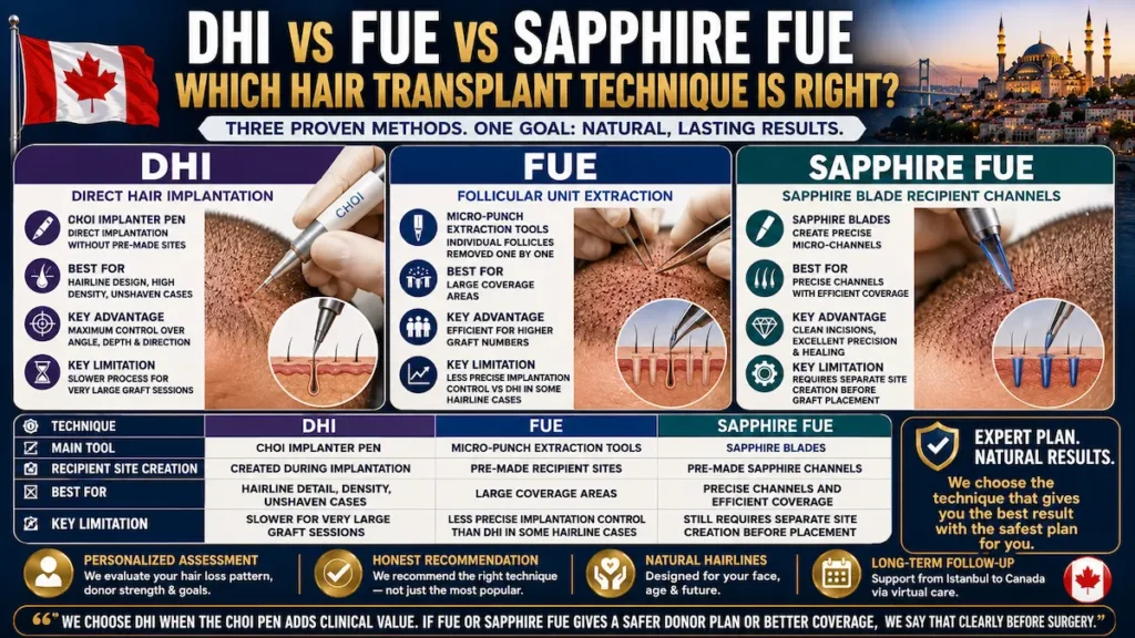 DHI vs FUE vs Sapphire FUE hair transplant comparison showing Choi Pen, micro-punch extraction, and sapphire blade techniques for Canadian patients.