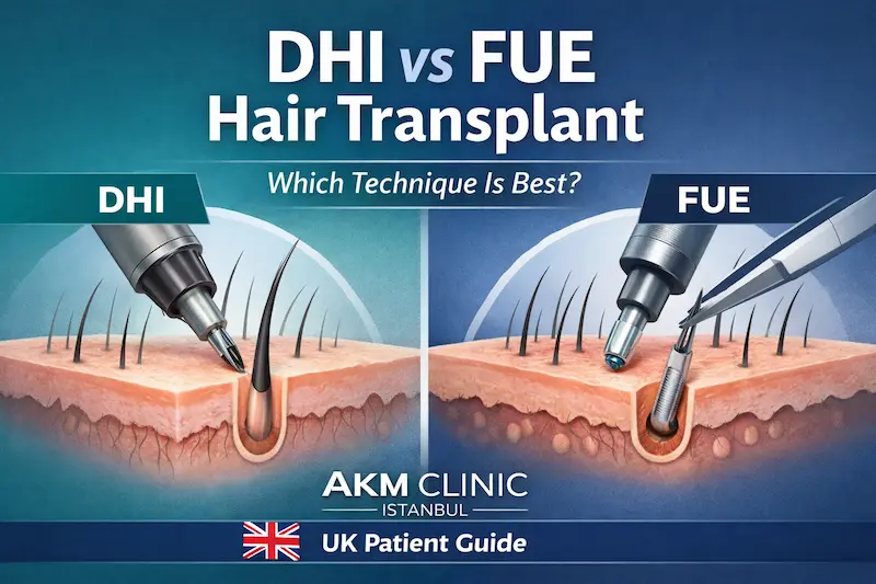 DHI vs FUE Hair Transplant comparison graphic showing DHI and FUE tools on a scalp cross-section for a UK patient guide.