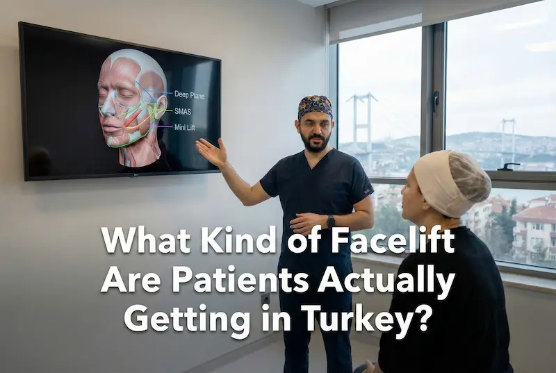 Different types of facelift in Turkey explained: surgeon shows Deep Plane vs SMAS vs mini lift options to a U.S. patient