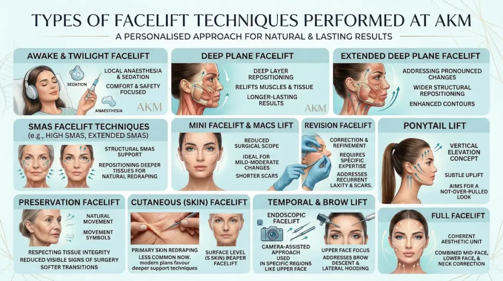 Facelift techniques infographic showing Awake/Twilight, Deep Plane, Extended Deep Plane, SMAS, Mini/MACS, Revision, Ponytail, Preservation, Cutaneous, Endoscopic, Temporal/Brow and Full Facelift.