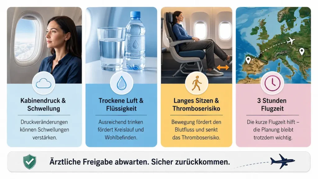 Fliegen nach Operation: Infografik zu ärztlicher Freigabe, Schwellung, Flüssigkeit, Thromboserisiko und kurzer Flugzeit.