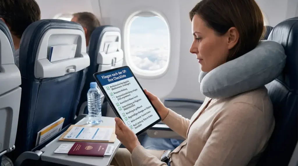 Fliegen nach Facelift: Patientin im Flugzeug prüft auf einem Tablet ihre Reise-Checkliste mit Wasser, Reisepass und Nackenkissen.