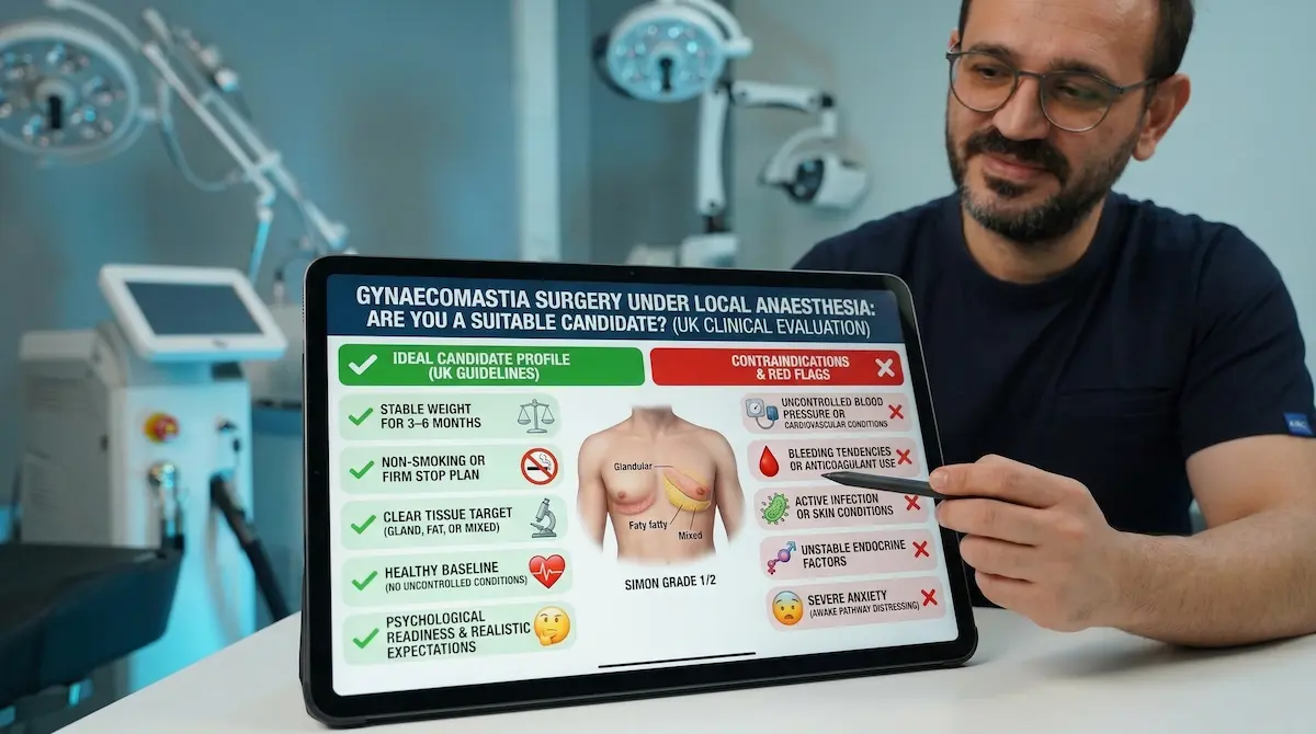 Dr Akif Mehmetoglu showing awake gynaecomastia surgery under local anaesthesia candidate checklist (UK clinical evaluation).