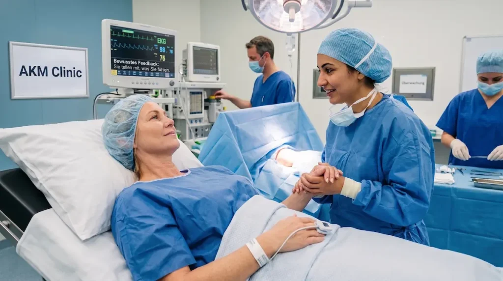 Awake Facelift Schmerzen: Ansprechbare Patientin im OP mit örtlicher Betäubung, Monitoring und betreuender Fachkraft.