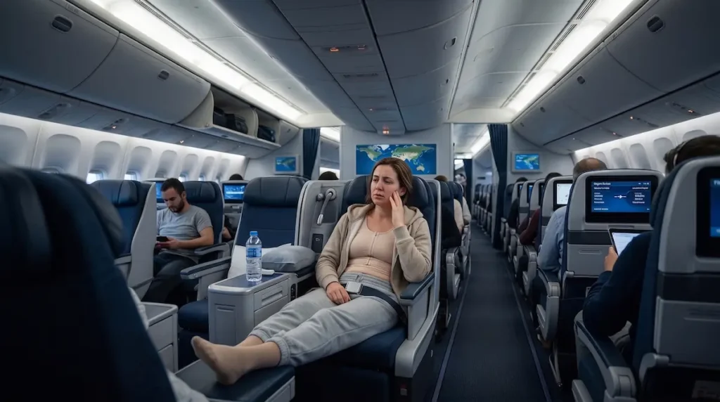Flight safety after surgery image showing a Canadian patient resting on a long-haul flight after surgery.