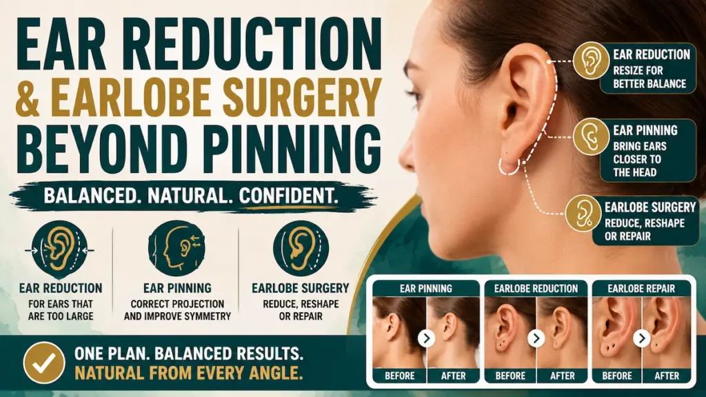 Ear reduction and earlobe surgery infographic showing ear pinning, lobe repair and reshaping