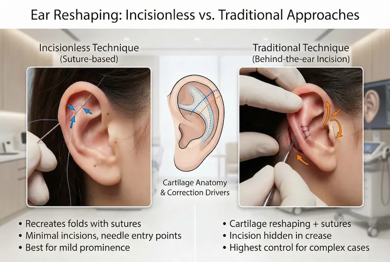 Otoplasty techniques graphic comparing incisionless suture method vs traditional behind-the-ear incision approach.