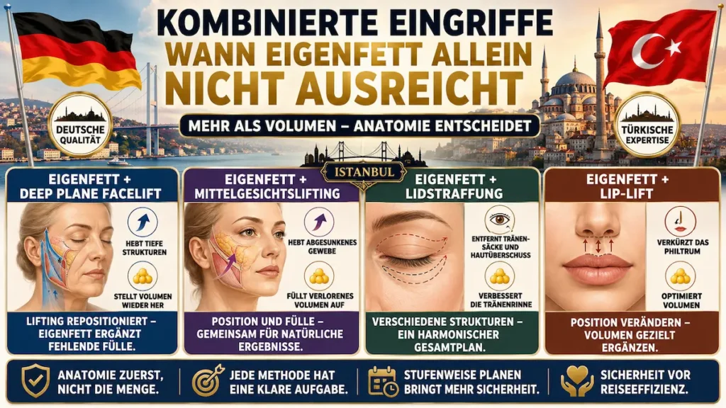Kombinierte Eingriffe mit Eigenfett im Gesicht: Deep Plane Facelift, Mittelgesichtslifting, Lidstraffung und Lip-Lift im Vergleich.
