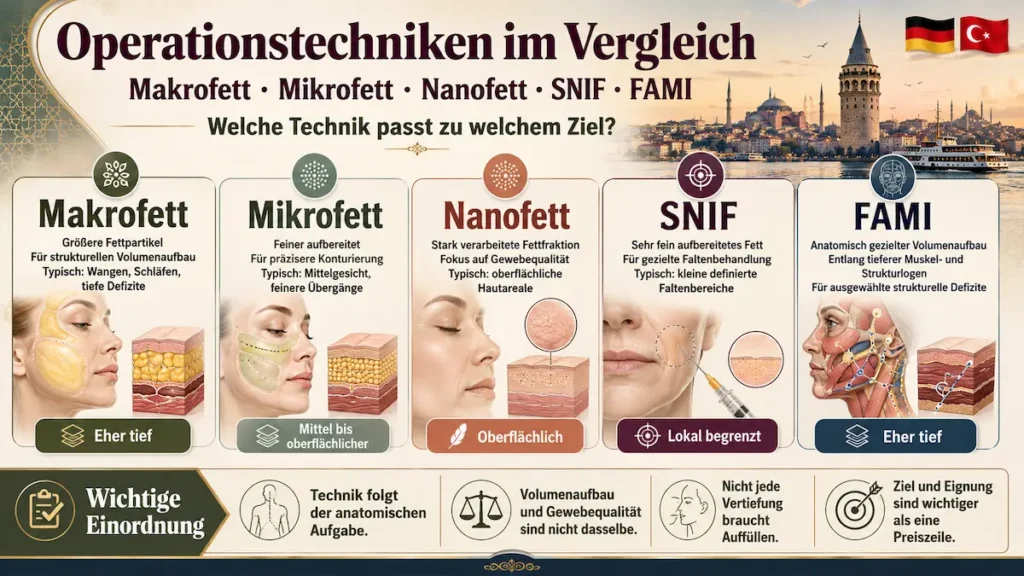 Operationstechniken im Vergleich bei der Eigenfettbehandlung im Gesicht: Makrofett, Mikrofett, Nanofett, SNIF und FAMI.