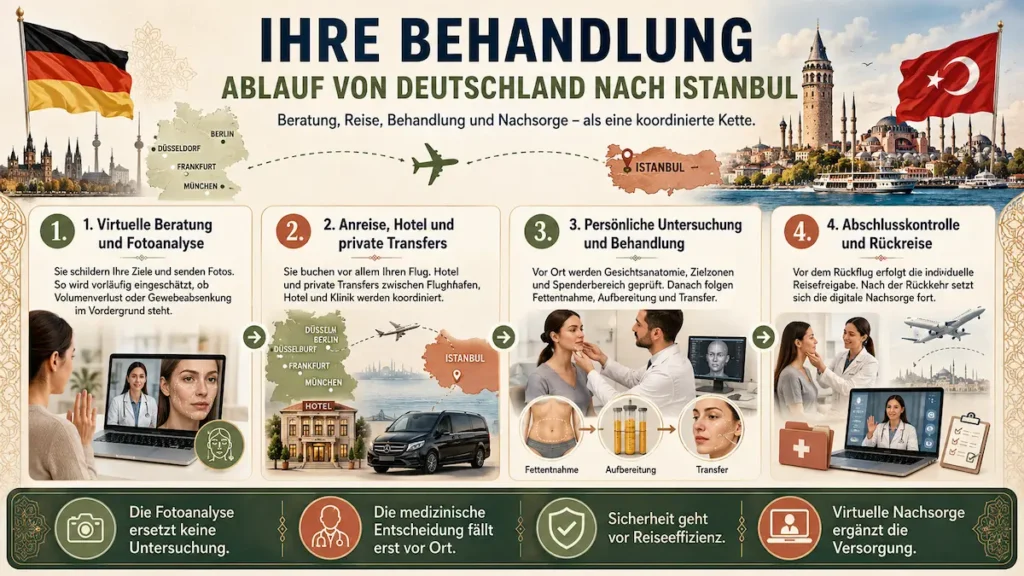 Ablauf von Deutschland nach Istanbul für eine Eigenfettbehandlung im Gesicht: Beratung, Anreise, Behandlung, Rückreise und Nachsorge.