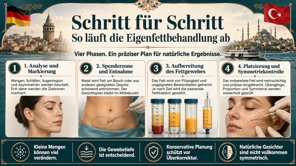 Eigenfettbehandlung im Gesicht Schritt für Schritt: Analyse, Fettentnahme, Aufbereitung und präzise Platzierung des Eigenfetts.