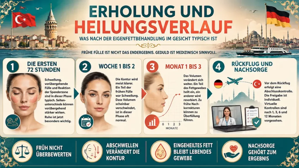 Erholung und Heilungsverlauf nach Eigenfettbehandlung im Gesicht: erste 72 Stunden, Woche 1–2, Monat 1–3 sowie Rückflug und Nachsorge.