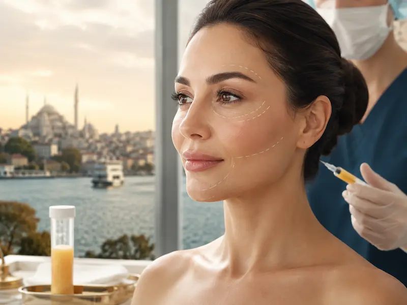 Eigenfettbehandlung im Gesicht in der Türkei: ärztliche Planung einer Eigenfett-Unterspritzung für Wangen, Mittelgesicht und Kinnlinie.