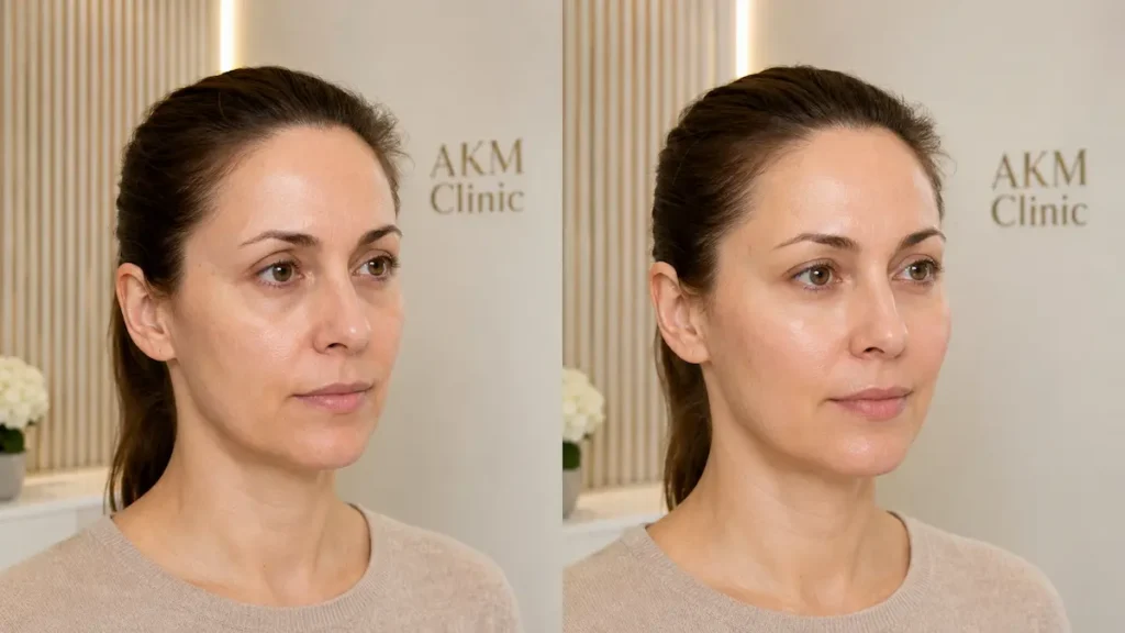 Eigenfettbehandlung im Gesicht Vorher Nachher: Vergleichsdarstellung mit dezentem Volumenausgleich an Wangen und Mittelgesicht.