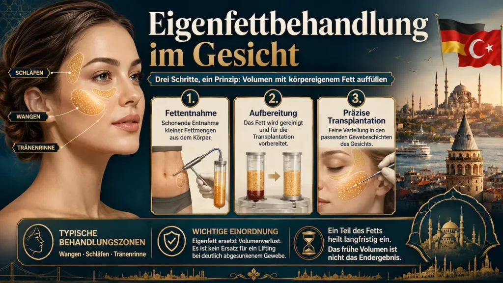 Eigenfettbehandlung im Gesicht mit Fettentnahme, Aufbereitung und präziser Transplantation in Wangen, Schläfen und Tränenrinne.