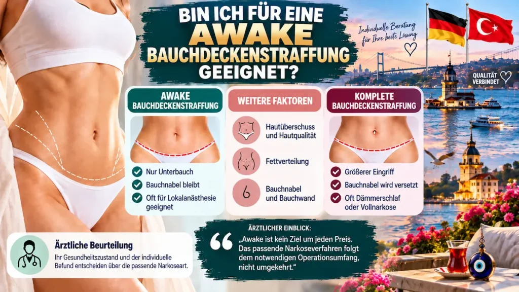 Awake Bauchdeckenstraffung ohne Vollnarkose – Infografik zur Eignung für Mini- oder komplette Bauchdeckenstraffung