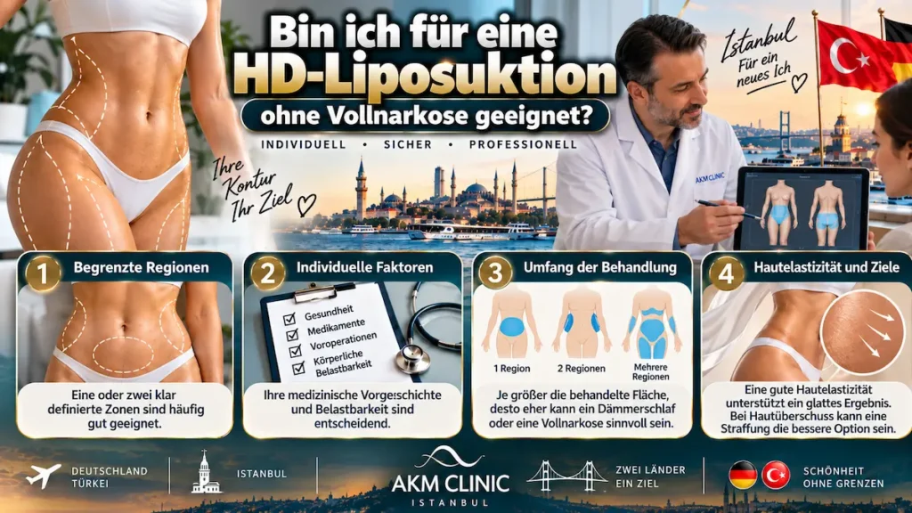 Fettabsaugung ohne Vollnarkose: Eignungsprüfung für HD-Liposuktion anhand von Behandlungsumfang, Gesundheit und Hautelastizität.