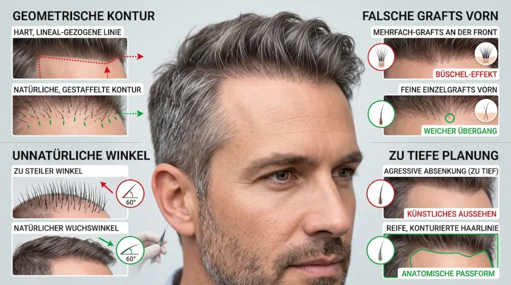Natürliche Haarlinie im Vergleich: Grafik zeigt gerade Konturen, falsche Mehrfach-Grafts, steile Winkel und eine zu tiefe Planung.