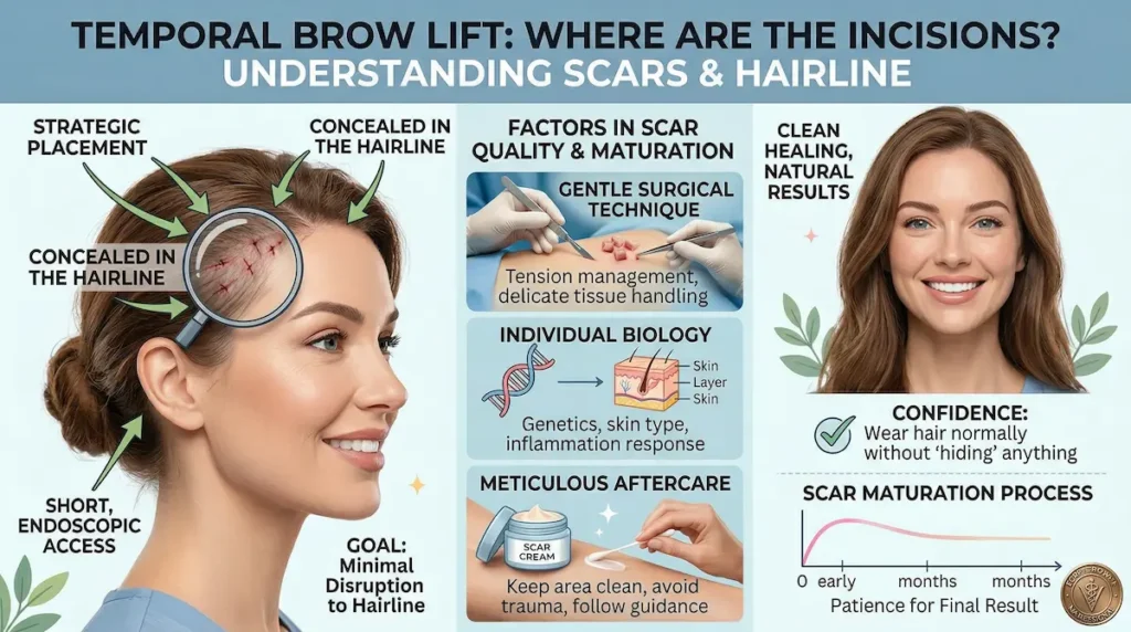 Endoscopic brow lift infographic showing hidden hairline incisions, scar maturation timeline, and factors affecting scar quality.