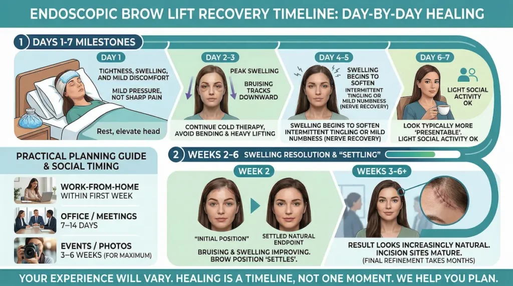 Endoscopic temporal brow lift recovery timeline infographic showing day-by-day swelling, bruising milestones, and aftercare planning from week 1 to week 6+.