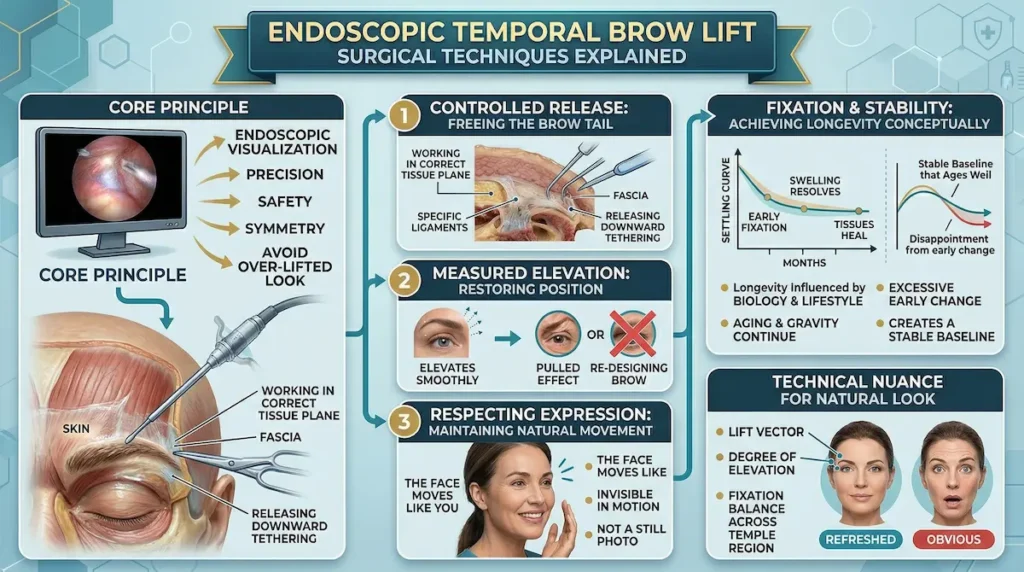 Endoscopic temporal brow lift technique infographic showing controlled tissue release, measured elevation, and stable fixation to preserve natural expression.
