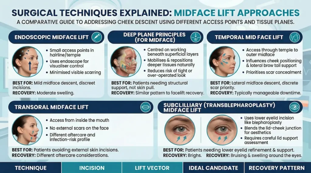 Mid Face Lift techniques infographic comparing endoscopic midface lift, deep plane principles, temporal mid face lift, transoral approach, and subciliary (transblepharoplasty) access.