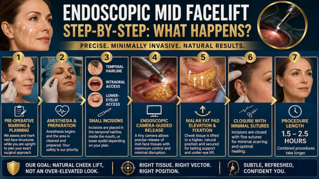 Endoscopic Mid Facelift step-by-step diagram showing marking, anesthesia, small incisions, camera-guided release and cheek fixation.