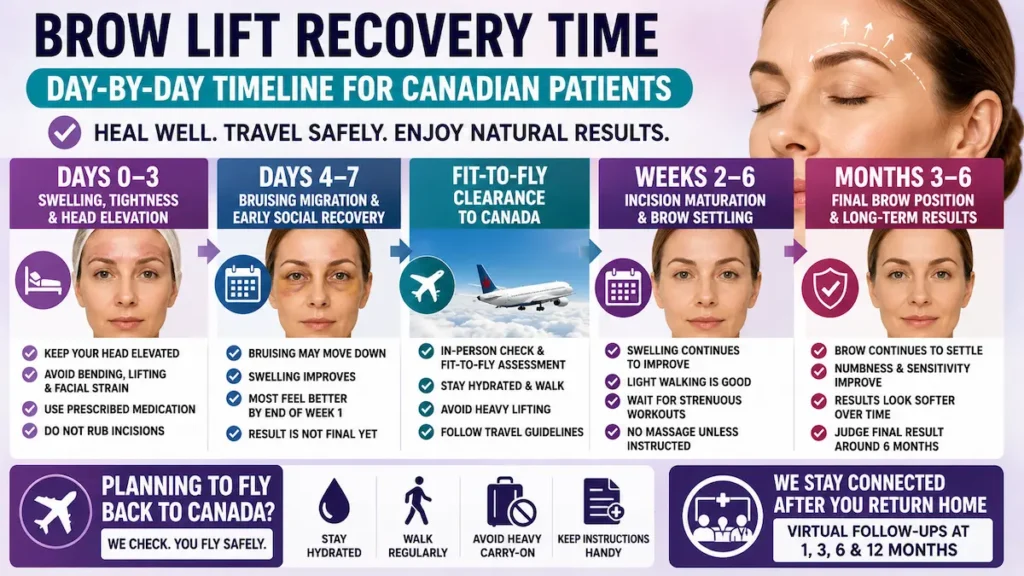 Endoscopic temporal brow lift recovery timeline showing swelling, bruising, fit-to-fly clearance, brow settling, and follow-up care for Canadian patients.