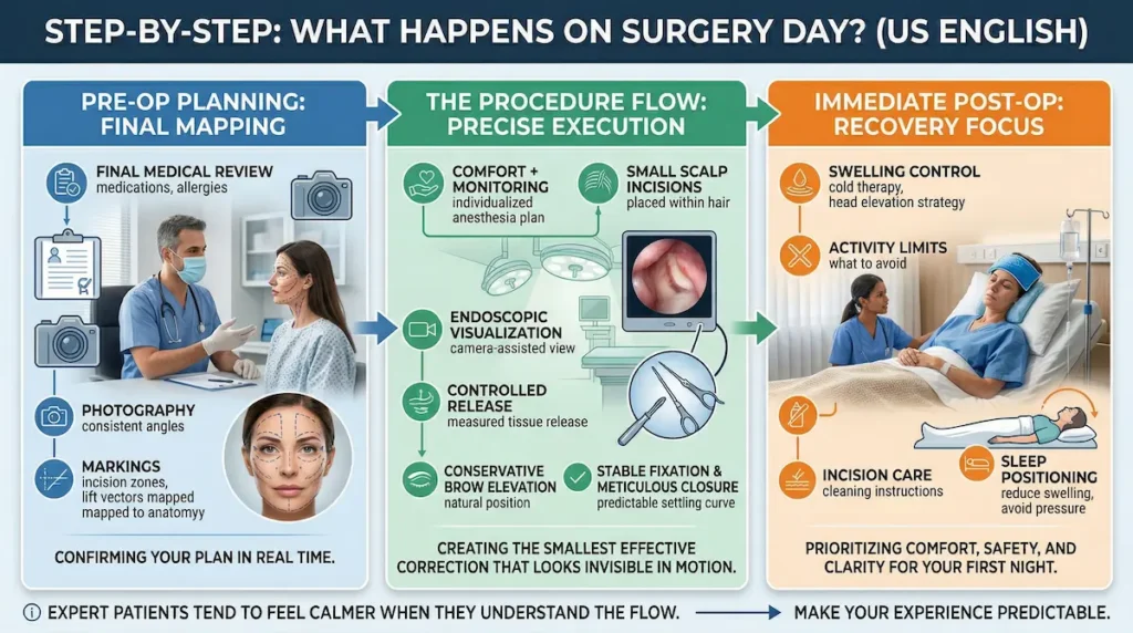 Endoscopic temporal brow lift step-by-step infographic showing pre-op mapping, endoscopic technique, small scalp incisions, and immediate aftercare.