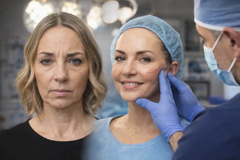 Endoscopic temporal brow lift procedure showing a surgeon marking the temple area for a natural lift using small, hairline-hidden incisions.
