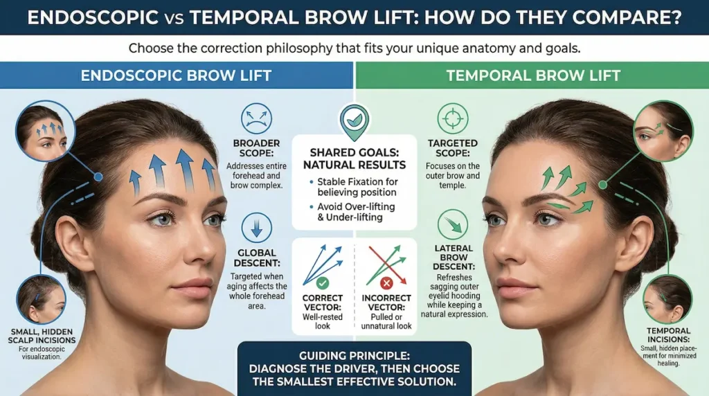Endoscopic temporal brow lift comparison graphic showing endoscopic vs temporal scope, lift vectors, and small hidden scalp incisions.