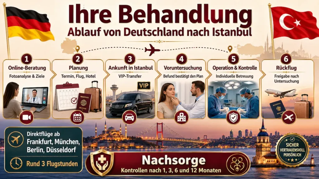 Endoskopisches Stirnlifting Türkei: Ablauf von der Online-Beratung über Planung, Ankunft, Voruntersuchung und Operation bis zum Rückflug